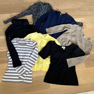 9 long-sleeve shirts,sweaters,3/4 length shirts. XS and Small women’s tops